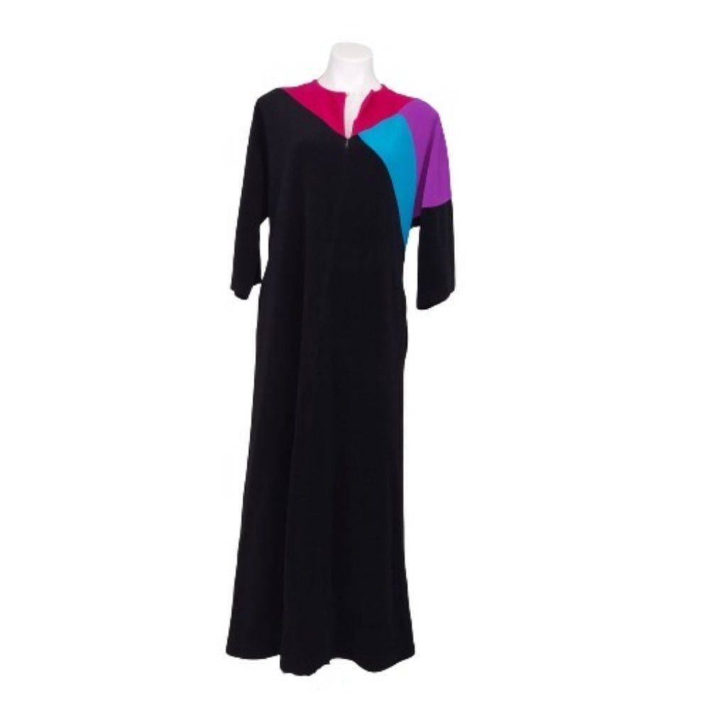Vintage 80s Vanity Fair Petites Color Block Velour Half Zip Black Lounger Large